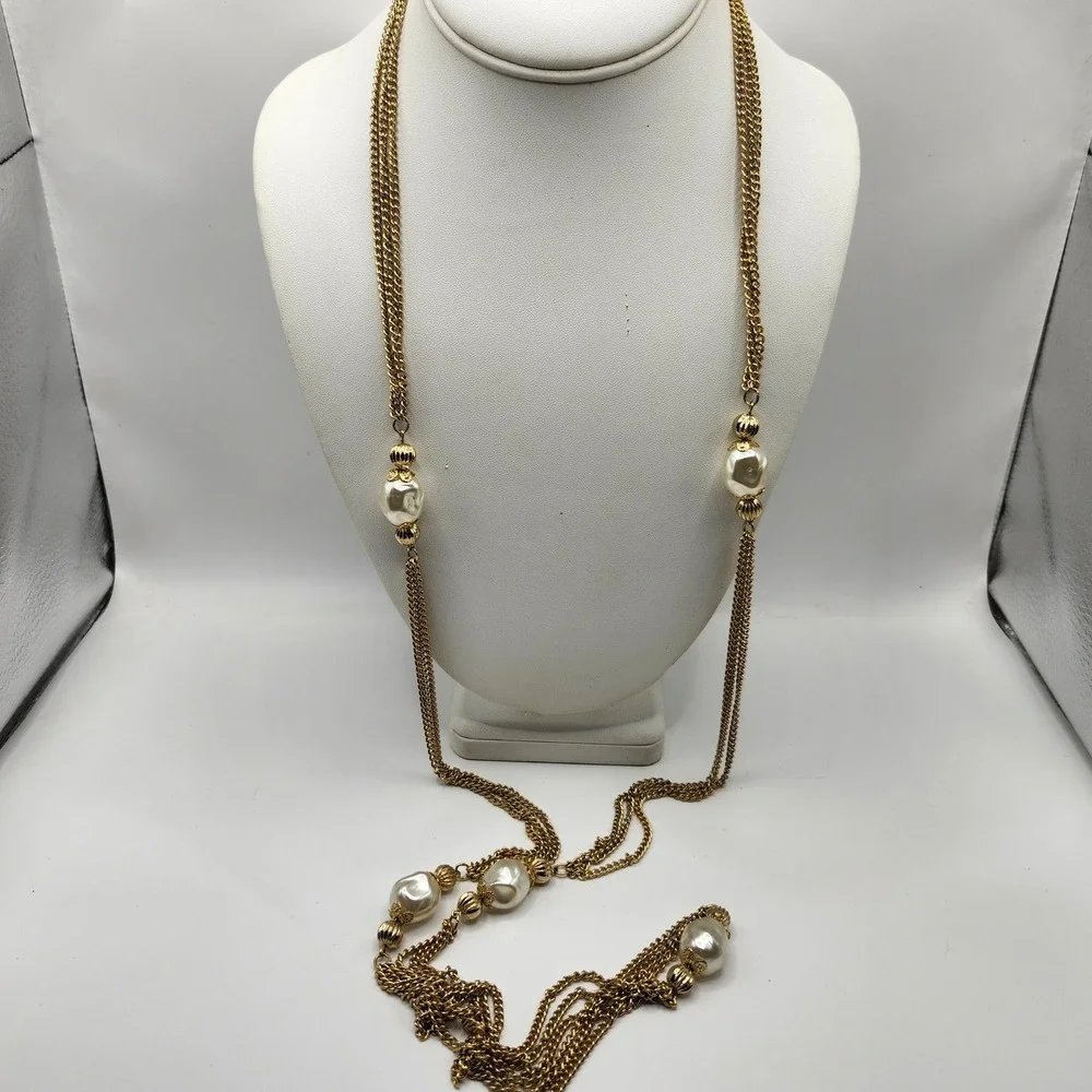 Vintage Gold Tone Multi Strand Long Chain Faux Baroque Pearl‎ Station Necklace